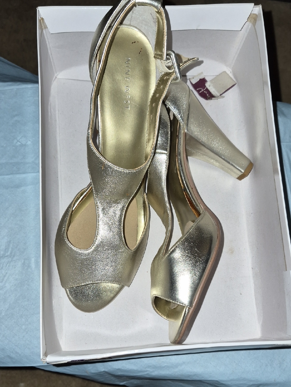 Nine West Metallic Gold Peep-Toe Block Heel Sandals